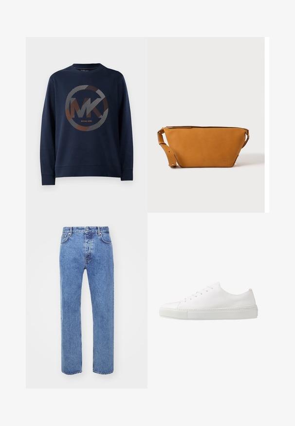 Marineblauwe sweatshirt met een groot circulair logo met "MK" in het midden. Het ontwerp bevat gestreepte patronen in zilver en oranje tinten.; Won Hundred STEVE - Relaxed fit jeans - cut blue; Witte leren sneaker met een gladde afwerking, ronde neus en zes oogjes voor veters. Voorzien van een getextureerde rubberen zool en een minimalistisch ontwerp.; Lichtbruine leren crossbodytas met verstelbare band en ritssluiting, getoond tegen een effen lichte achtergrond.
