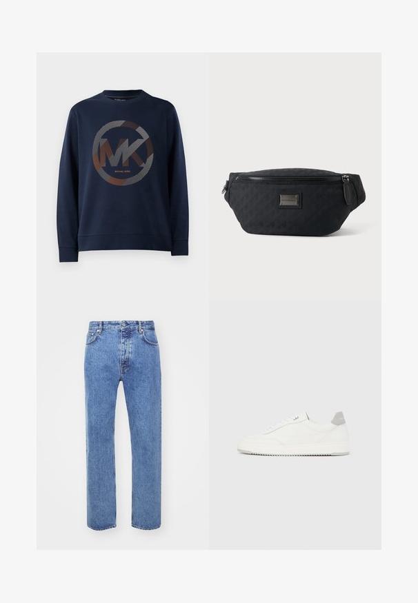 Mørkeblå sweatshirt med et stort cirkulært logo med "MK" i midten. Designet inkluderer stribede mønstre i sølv- og orangetoner.; Won Hundred STEVE - Jeans Relaxed Fit - cut blue; Hvid lavtop-sneaker med gråt hælflig, hvide snørebånd og tekstureret sål, vist på en ensfarvet lys baggrund.; Sort stof talje taske med lynlås foran og lille metal logo plade i midten, vist mod en ensfarvet baggrund.
