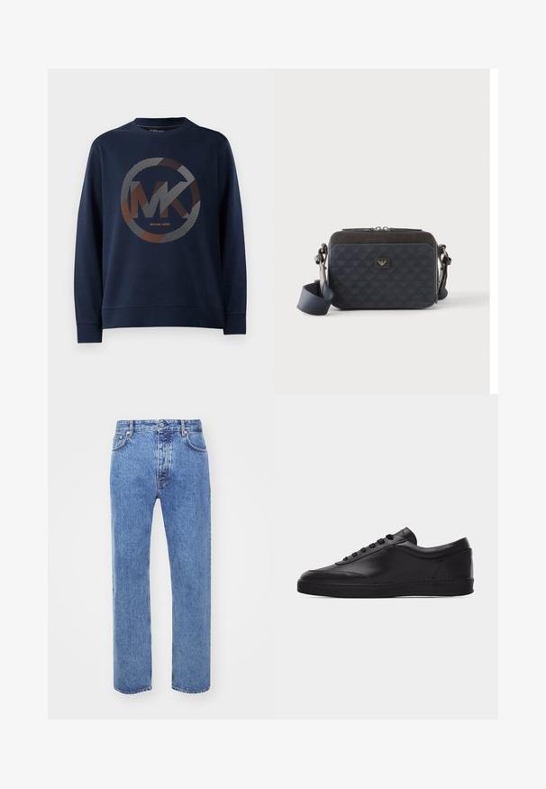 Sweat-shirt bleu marine avec un grand logo circulaire au centre portant "MK". Le design comprend des motifs rayés dans des tons argentés et oranges.; Won Hundred STEVE - Jean boyfriend - cut blue; Baskets basses en cuir noir avec lacets sur le devant et semelle en caoutchouc plate, vues de côté sur un fond blanc uni.; Sac bandoulière rectangulaire bleu foncé avec sangle réglable, fermeture éclair et motif subtil du logo sur le panneau avant.