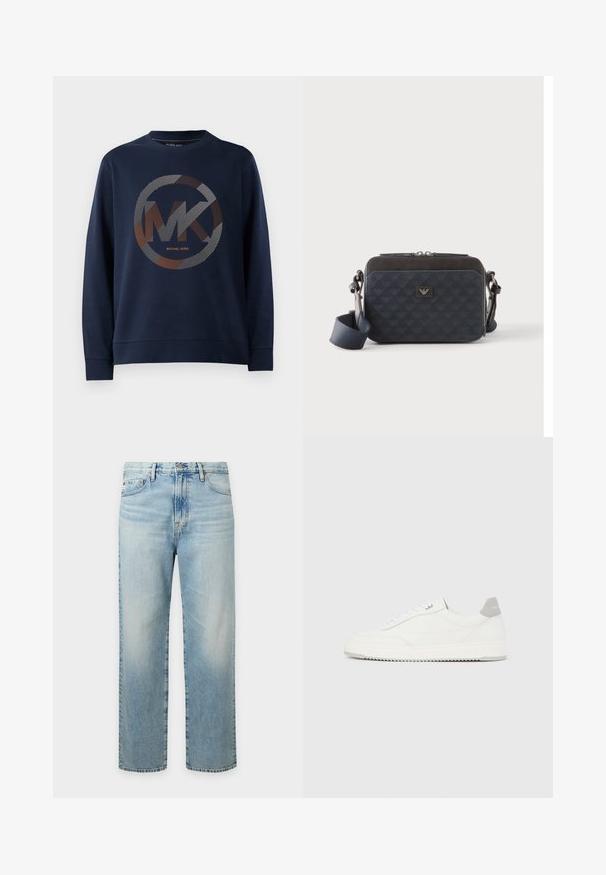 Mørkeblå sweatshirt med et stort cirkulært logo med "MK" i midten. Designet inkluderer stribede mønstre i sølv- og orangetoner.; Lyseblå straight-leg denim jeans med forlommer, bæltestropper og knaplukning.; Hvid lavtop-sneaker med gråt hælflig, hvide snørebånd og tekstureret sål, vist på en ensfarvet lys baggrund.; Rektangulær mørkeblå crossbody-taske med justerbar rem, lynlåslukning og diskret logomønster på frontpanelet.