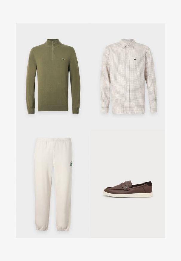 Pull en laine vert olive à manches longues avec un col zippé quart et un petit logo crocodile sur la poitrine gauche.; Chemise beige à manches longues avec motif quadrillé rouge et bleu, fermée par des boutons à l'avant, col et logo crocodile vert sur la poitrine gauche.; Pantalon de jogging beige clair en coton, doté d'une taille élastique, de poignets en côtes et d'un logo vert avec un design de feuille sur la jambe gauche.; Mocassin en cuir marron avec semelle en caoutchouc blanche, design slip-on et petit logo crocodile métallique sur la lanière latérale.