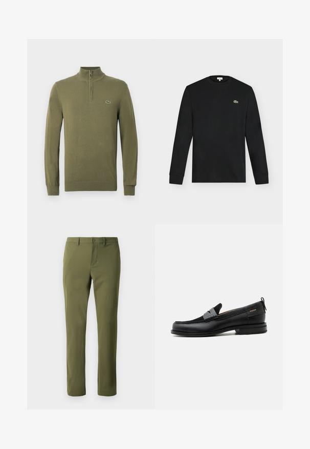 Pull en laine vert olive à manches longues avec un col zippé quart et un petit logo crocodile sur la poitrine gauche.; T-shirt noir manches longues à col rond avec un petit logo crocodile vert sur la poitrine gauche, présenté sur un fond clair uni.; Pantalons verts olive en tissu lisse avec une coupe droite, dotés d'une fermeture à bouton et de passants de ceinture. Pas de motifs ni d'accents visibles.; Mocassin en cuir noir avec détail de bride grise, talon bas et semelle texturée, marqué "HUGO" en or sur le côté.