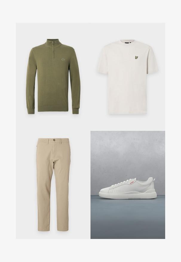 Olivegrøn langærmet sweater med kvart lynlås krave og lille krokodille logo på venstre bryst.; Lys beige bomulds t-shirt med rund hals og korte ærmer, der har et lille broderet fuglelogo på venstre bryst.; Beige bomuldsbukser med lige pasform, knaplukning og to sidelommer. Glat tekstur og minimalistisk design.; Hvide sneakers med en glat læderfinish, rund tå, fire snørehuller, subtile perforeringer og en rød logo detalje på siden.