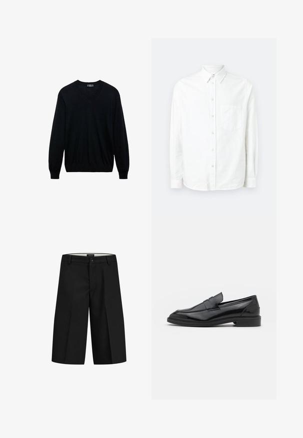 Sort langærmet V-hals sweater med ribbede manchetter og kant, præsenteret på en hvid baggrund.; Hvid langærmet skjorte med knaplukning lavet af letvægtsstof. Har en frontlomme, klassisk krave og subtil tekstur.; Sorte knælange skræddersyede shorts med bæltestropper og knaplukning foran, vist mod en hvid baggrund.; Sorte læder loafers med en glat overflade, der har en rund tå og en smal bånd over det øverste. Lav stablet hæl.