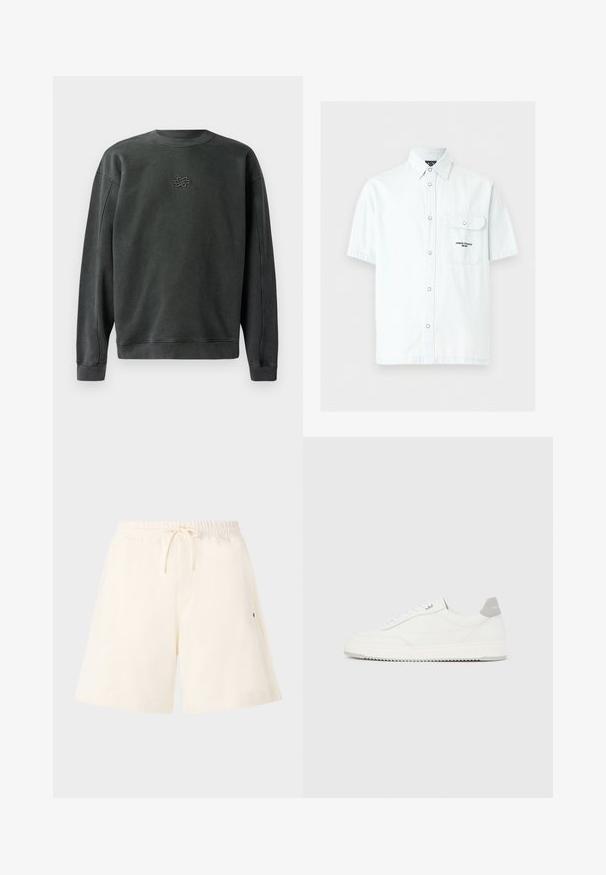 Mørkegrå sweatshirt med rund hals, ribbede manchetter og kant. Har et lille broderet design i midten. Blødt, struktureret stof.; Lyseblå kortærmet skjorte med knapper, frontlomme med klap og teksten "Armani Exchange Milano" på lommen.; Cremefarvede shorts lavet af blødt stof, med en elastisk talje med snor, sidelommer og en afslappet pasform.; Hvid lavtop-sneaker med gråt hælflig, hvide snørebånd og tekstureret sål, vist på en ensfarvet lys baggrund.