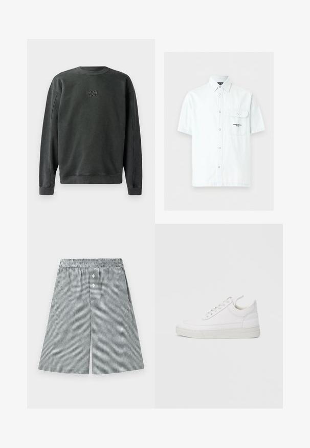 Mørkegrå sweatshirt med rund hals, ribbede manchetter og kant. Har et lille broderet design i midten. Blødt, struktureret stof.; Lyseblå kortærmet skjorte med knapper, frontlomme med klap og teksten "Armani Exchange Milano" på lommen.; Sort og hvidternet shorts lavet af letvægtsstof. Har en elastisk talje og knapdetaljer foran.; Hvid lædersneaker med rundet tå, flad sål og snørebånd foran. Har syningsdetaljer og polstret krave for komfort.