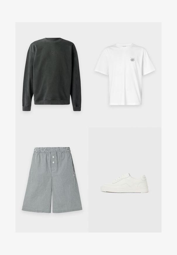 Mørkegrå sweatshirt med rund hals, ribbede manchetter og kant. Har et lille broderet design i midten. Blødt, struktureret stof.; Hvid t-shirt lavet af bomuld med korte ærmer, rund halsudskæring og et lille gråt logo på venstre brystområde. Glat tekstur.; Sort og hvidternet shorts lavet af letvægtsstof. Har en elastisk talje og knapdetaljer foran.; Hvid lavskoet lædersneaker med snørelukning, tekstureret hælkappe og let rillede hvide gummisål på en ensfarvet lys baggrund.