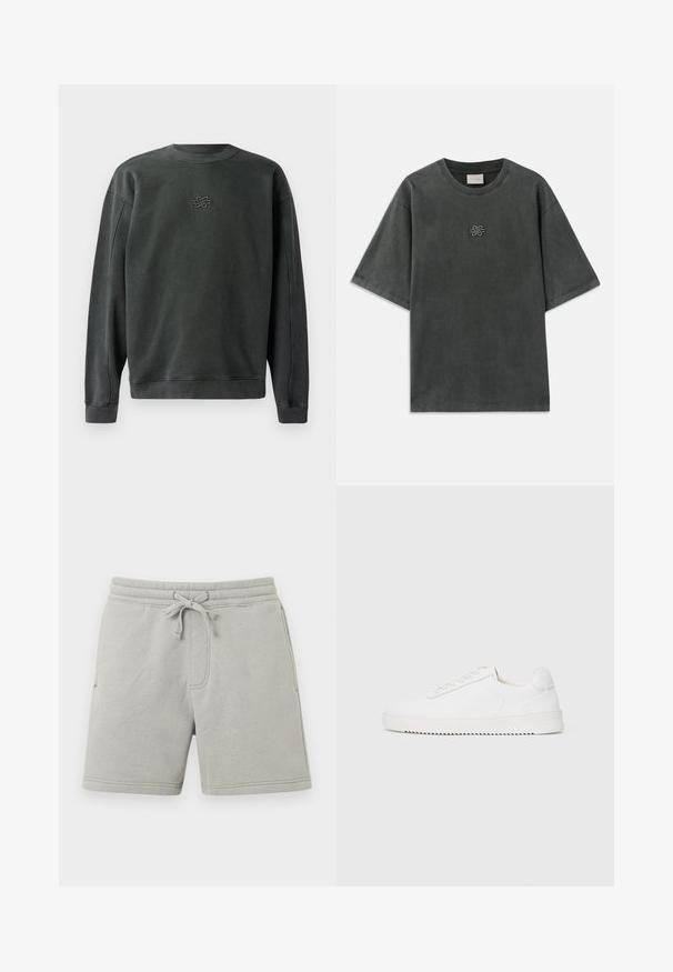 Mørkegrå sweatshirt med rund hals, ribbede manchetter og kant. Har et lille broderet design i midten. Blødt, struktureret stof.; Mørkegrå oversized T-shirt med korte ærmer, rund halsudskæring og lille broderet knudedesign centreret på brystet.; Lysegrå bomuldsshorts med elastisk linning, snørre, sidelommer og knælængde.; Hvid sneaker med en glat læderoverdel, rund tå, snørebånd, teksturerede sideaccenter og en tyk gummisål. Minimalistisk design.