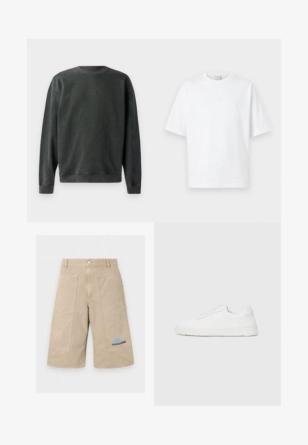 Mørkegrå sweatshirt med rund hals, ribbede manchetter og kant. Har et lille broderet design i midten. Blødt, struktureret stof.; Hvid bomulds-T-shirt med rund hals, korte ærmer, med en diskret beige blomsterlogo på brystet og et afslappet fit design.; Beige knælange shorts med store forlommer, knaplukning, bæltestropper og blå tekstdetalje på den nederste højre lomme.; Hvid sneaker med en glat læderoverdel, rund tå, snørebånd, teksturerede sideaccenter og en tyk gummisål. Minimalistisk design.