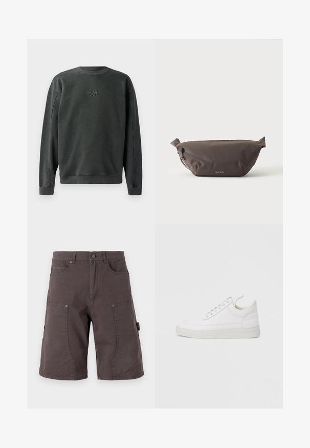Mørkegrå sweatshirt med rund hals, ribbede manchetter og kant. Har et lille broderet design i midten. Blødt, struktureret stof.; Mørkegrå cargoshorts lavet af bomuld med forlommer, side cargo-lommer, knaplukning og stikninger på benene.; Hvid lædersneaker med rundet tå, flad sål og snørebånd foran. Har syningsdetaljer og polstret krave for komfort.; Mørkebrun stof talje taske med diagonalt lynlåslomme og lille hvidt logo på fronten, sat mod en ensfarvet lys baggrund.