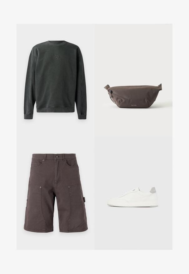 Dunkelgrauer Sweatshirt mit Rundhalsausschnitt, gerippten Bündchen und Saum. Besitzt ein kleines gesticktes Design in der Mitte. Weicher, strukturierter Stoff.; Dunkelgraue Cargo-Shorts aus Baumwolle mit Fronttaschen, seitlichen Cargotaschen, Knopfverschluss und sichtbarer Naht auf den Beinen.; Weißer Sneaker mit niedrigem Schaft, grauem Fersenlaschen, weißen Schnürsenkeln und einer strukturierten Sohle, dargestellt vor einem schlichten hellen Hintergrund.; Dunkelbraune Stoff-Gürteltasche mit diagonalem Reißverschlussfach und kleinem weißen Logo vorne, vor einem einfarbigen hellen Hintergrund.