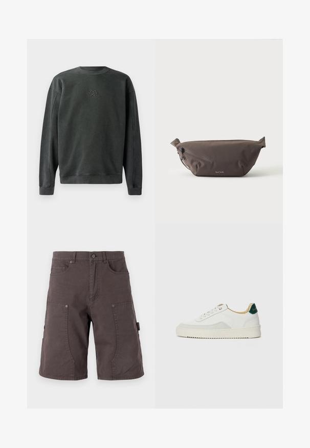 Mørkegrå sweatshirt med rund hals, ribbede manchetter og kant. Har et lille broderet design i midten. Blødt, struktureret stof.; Mørkegrå cargoshorts lavet af bomuld med forlommer, side cargo-lommer, knaplukning og stikninger på benene.; Hvide sneakers med ruskindsdetaljer, rund tå, flade snørebånd og en cremet gummisål. Har grøn branding på hælen.; Mørkebrun stof talje taske med diagonalt lynlåslomme og lille hvidt logo på fronten, sat mod en ensfarvet lys baggrund.