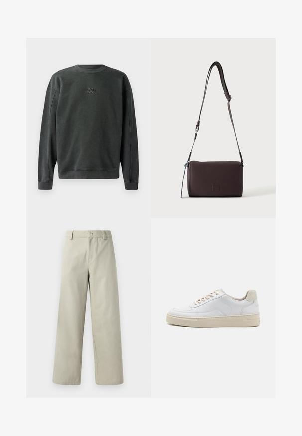 Mørkegrå sweatshirt med rund hals, ribbede manchetter og kant. Har et lille broderet design i midten. Blødt, struktureret stof.; Han Kjøbenhavn WIDE LEG - Bukser - light grey; Hvide sneakers med en glat læderoverdel, beige snørebånd og en tekstureret beige ruskindsheel-tab. Hævet sål for ekstra højde.; Mørkebrun textured læder crossbody taske med justerbar rem og lille dekorativ blå accent på siden.