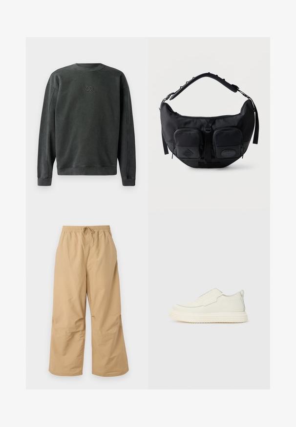 Tumehall sweatshirt, millel on ümmargune kaelus, ribatud pika varruka servad ja alläär. Keskel on väike tikand. Pehme ja tekstuuriga kangas.; Bežid avarad püksid, mis on valmistatud kergest kangast, elastse vöökoha ja nööriga ning õmblustega hemmi lähedal.; Eemaldatavad spordijalatsid valgel tekstureeritud materjalil, millel on paks sooneline tald. Omavad minimaalseid õmblusi ja peent hele sinist aktsenti.; Mustast poolkuukujulisest õlakotist, millel on pehmendusega reguleeritav rihm ja kaks eesmist tõmblukuga taskut tõmbekäepidemetega.