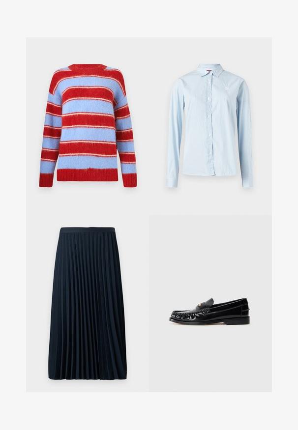 Suéter a rayas en rojo y azul claro, hecho de un material suave y peludo. Presenta anchas rayas horizontales y un cuello redondo.; Camisa de manga larga azul claro con rayas verticales blancas, cierre de botones en el frente, cuello puntiagudo y pequeño detalle de logo en el pecho.; Falda plisada azul marino con una cinturilla texturizada, hecha de una tela suave, que presenta pliegues verticales espaciados uniformemente y un diseño de longitud a media pantorrilla.; Mocasines de cuero negro con puntera redondeada, costuras decorativas y un pequeño acento dorado en el empeine. Suela plana de goma, diseño elegante.