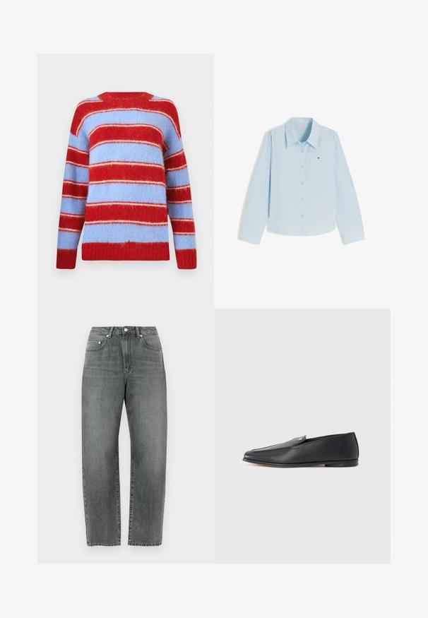 Suéter a rayas en rojo y azul claro, hecho de un material suave y peludo. Presenta anchas rayas horizontales y un cuello redondo.; Camisa azul clara de manga larga con botones, cuello y pequeño logo de Tommy Hilfiger en el pecho izquierdo sobre fondo blanco.; Los vaqueros de mezclilla gris presentan un corte recto en las piernas, diseño clásico de cinco bolsillos y detalles de botones metálicos en la parte delantera.; Mocasines de cuero negro con textura suave, punta redondeada y detalles de costura sutiles. Presentan un acento de logo dorado en el lateral superior.