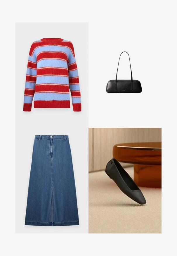 Pull rayé rouge et bleu clair, fabriqué en matériau doux et duveteux. Présente de larges rayures horizontales et un col rond.; Jupe en denim bleu foncé avec une coupe droite et une fente centrale à l'ourlet. Elle possède une ceinture standard et une fermeture par bouton métallique.; Chaussure plate noire à bout pointu reposant sur un tapis beige près d'une table ronde de couleur ambre dans un décor minimaliste.; Sac à main rectangulaire en cuir noir avec de longues lanières fines et un logo doré "Calvin Klein" au centre avant.