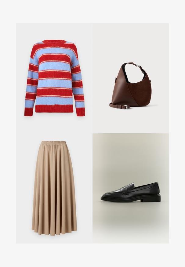 Pull rayé rouge et bleu clair, fabriqué en matériau doux et duveteux. Présente de larges rayures horizontales et un col rond.; Jupe maxi beige avec une taille élastique, fabriquée dans un tissu doux avec un design fluide et plissé. Texture lisse, couleur unie.; Mocassin penny en cuir noir avec petit talon, bout arrondi et détails cousus sur fond neutre.; Sac à épaule en cuir et daim marron avec une forme arrondie, une sangle réglable et un détail de boucle argentée sur un fond clair uni.