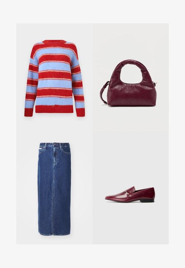 Pull rayé rouge et bleu clair, fabriqué en matériau doux et duveteux. Présente de larges rayures horizontales et un col rond.; Jupe en denim bleu foncé, à mi-longueur, avec une fente avant, une taille traditionnelle et un design à cinq poches avec des coutures contrastées.; Mocassins en cuir bordeaux avec bout pointu et talon plat noir, ornés d'une chaîne en métal argenté sur le devant. Texture lisse.; Sac en cuir bordeaux avec une poignée ronde, motif en losanges embossé, bandoulière détachable et subtil accent en doré.