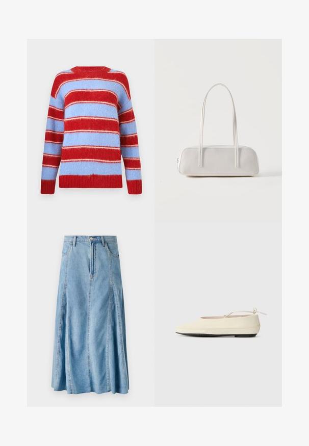 Pull rayé rouge et bleu clair, fabriqué en matériau doux et duveteux. Présente de larges rayures horizontales et un col rond.; Jupe en denim bleu clair au design évasé, avec une fermeture à bouton, des passants de ceinture et des détails de couture verticaux. Longueur mi-mollet.; Des chaussures plates de couleur crème avec un bout arrondi, une sangle à la cheville et une semelle en caoutchouc noir contrastante. Matériau lisse avec un detailing minimal.; Sac d'épaule rectangulaire blanc avec des bretelles longues et fines, couture minimale, et fermeture éclair sur un fond uni.