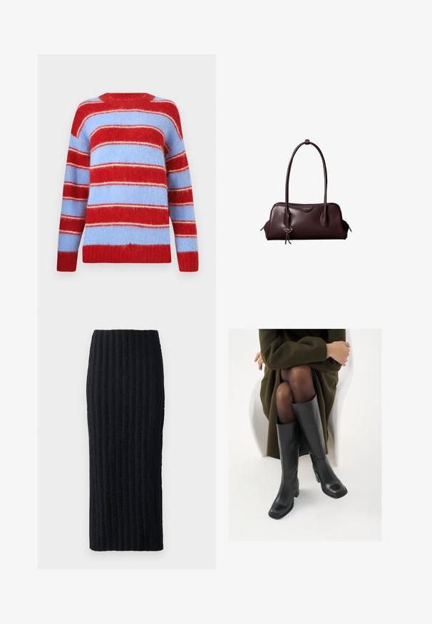 Strikket trøje i rød og lys blå, lavet af blødt, fuzzy materiale. Har brede vandrette striber og en rund halsudskæring.; Sort midiskirt med en tekstureret, ribbet design med lodrette linjer. Lavet af et strækbart stof, har den en tætsiddende silhuet og en glat overflade.; Knæhøje sorte læder støvler med firkantet tå og blokhæl, vist med en model siddende i en olivengrøn frakke. Glat tekstur, minimal detaljer.; Mørkebrun lædertaske fra Calvin Klein med lange dobbelte håndtag og en lille logohængende ved det ene håndtag.