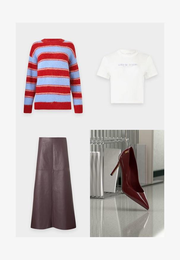 Suéter a rayas en rojo y azul claro, hecho de un material suave y peludo. Presenta anchas rayas horizontales y un cuello redondo.; Camiseta de algodón blanco con cuello redondo, con un logo estampado en azul claro "CALVIN KLEIN NEW YORK CITY" centrado en el frente. Mangas cortas.; Falda midi de cuero marrón con textura suave, forma acampanada, cintura alta y líneas limpias, con detalle de costura frontal.; Zapato de tacón alto brillante de color rojo oscuro con punta puntiaguda, colocado sobre un suelo gris reflectante junto a un organizador metálico para archivos.