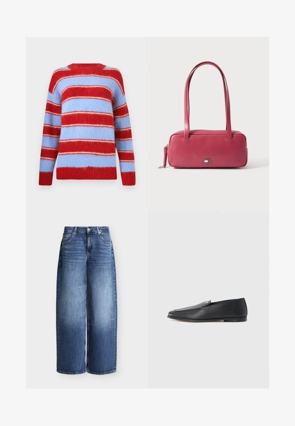 Strikket trøje i rød og lys blå, lavet af blødt, fuzzy materiale. Har brede vandrette striber og en rund halsudskæring.; Blå vidde jeans med frontknap og lynlås, bæltestropper og klassisk design med fem lommer på ensfarvet baggrund.; Sorte læderloafers med en glat tekstur, rundet tå og subtile syningsdetaljer. Har en guldfarvet logoaccent på oversiden.; Lyserød læderhåndtaske med rektangulær form, dobbelte håndtag og en lille metalemblem på fronten, med en glat, blank tekstur.