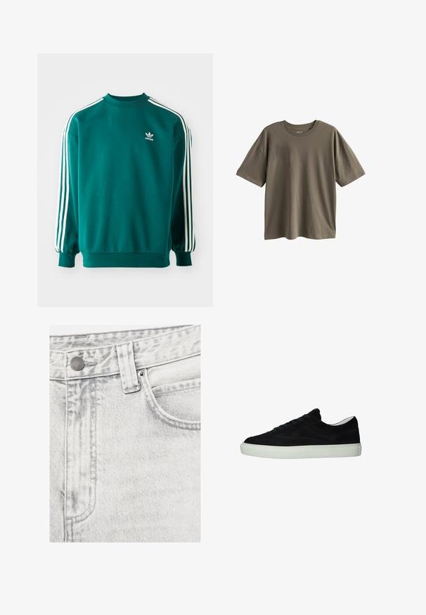 Teal sweatshirt van katoenmix, met lange mouwen, manchetten aan de onderkant en drie witte strepen langs elke mouw. Adidas-logo op de borst.; Olijfgroen katoenen T-shirt met korte mouwen, ronde halslijn en een losse pasvorm. Gladde textuur, eenvoudig ontwerp zonder patronen of versieringen.; Close-up van lichtgrijze denim jeans met knoop, riemlus, voorzak, klinknagel en gedetailleerde stiksels.; Zwarte suède lage sneaker met witte rubberen zool en zwarte veters, zijaanzicht op witte achtergrond.