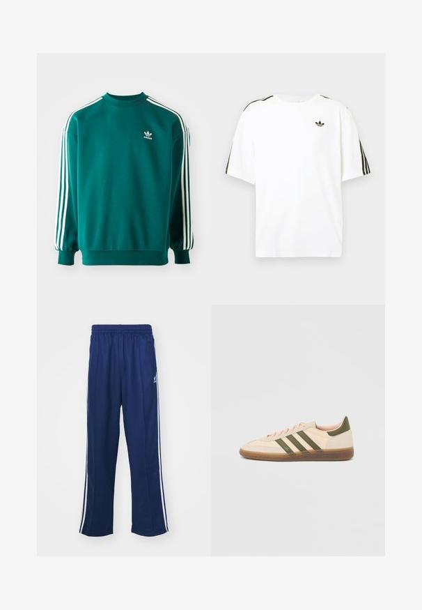 Teal mikina vyrobená z bavlneného zmesi, s dlhými rukávmi, manžetovými lemami a troma bielymi pruhmi na každom rukáve. Logo Adidas na hrudi.; Biela bavlnená tričko s krátkymi rukávmi, s čiernymi trojpruhmi na pleciach a malým čiernym logom na hrudi.; Námornícke modré športové nohavice s voľným strihom, s bielymi bočnými pruhmi a elastickým pásom. Hladká tkanina, žiadne viditeľné vzory ani kovanie.; Nízky béžový tenisky Adidas Spezial so zelenými pruhmi, gumovou podrážkou a nápisom „SPEZIAL“ na boku, zobrazené z vonkajšej strany.