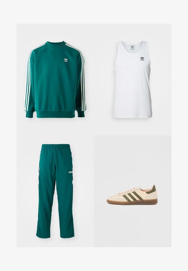 Sudadera verde azulado hecha de una mezcla de algodón, con mangas largas, dobladillos acampanados y tres rayas blancas en cada manga. Logo de Adidas en el pecho.; Top sin mangas blanco con canalé y escote redondo, logo negro de Adidas en el lado izquierdo del pecho. Material de algodón suave, corte casual.; Pantalones deportivos verdes hechos de tela ligera, con una cinturilla elástica, bolsillos laterales y el logo blanco de Adidas en el lado izquierdo.; Zapatilla Adidas Spezial beige de perfil bajo con rayas verdes, suela de goma y la marca "SPEZIAL" en el lateral, vista desde el lado exterior.
