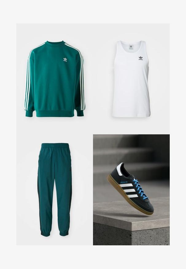 Teal mikina vyrobená z bavlneného zmesi, s dlhými rukávmi, manžetovými lemami a troma bielymi pruhmi na každom rukáve. Logo Adidas na hrudi.; Biely rebrovaný tielko s okrúhlym výstrihom, čiernym logom Adidas na ľavej hrudi a bez rukávov. Mäkko bavlnený materiál, voľný strih.; Tyrkysové športové nohavice s viazaním v páse, elastickými manžetami a bočnými čiernymi pruhmi. Vyrobené z ľahkej tkaniny, s logom blízko bedra.; Čierna teniska Adidas s bielymi pruhmi, modrými šnúrkami a gumovou podrážkou, ktorá sa vznáša nad sivým betónovým schodom v mäkkom svetle.