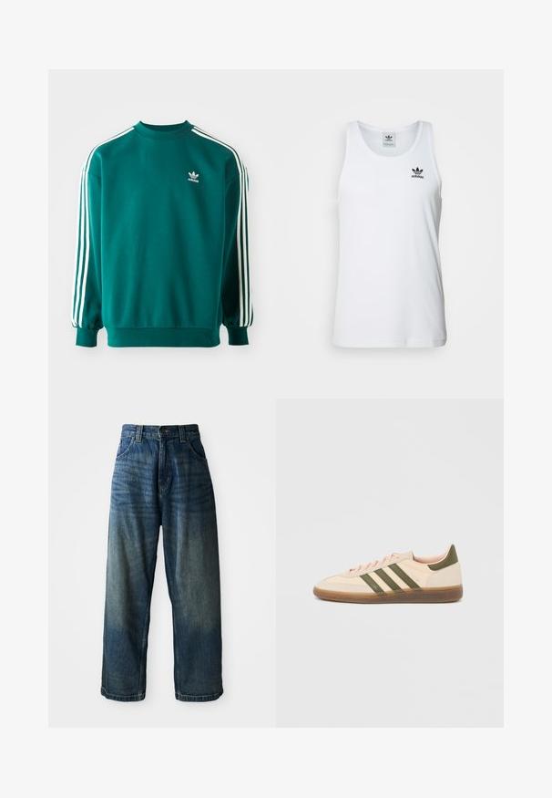 Sudadera verde azulado hecha de una mezcla de algodón, con mangas largas, dobladillos acampanados y tres rayas blancas en cada manga. Logo de Adidas en el pecho.; Top sin mangas blanco con canalé y escote redondo, logo negro de Adidas en el lado izquierdo del pecho. Material de algodón suave, corte casual.; Jeans de mezclilla azul de pierna ancha con un acabado desgastado. Presenta cinco bolsillos, un cierre de botón y costuras en contraste. Tejido pesado.; Zapatilla Adidas Spezial beige de perfil bajo con rayas verdes, suela de goma y la marca "SPEZIAL" en el lateral, vista desde el lado exterior.