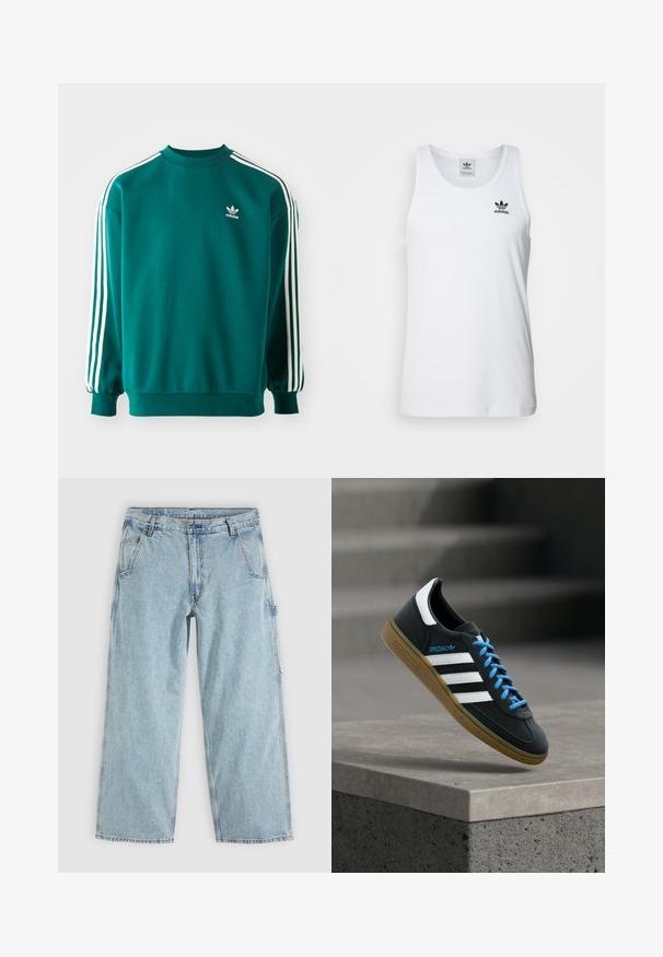 Teal mikina vyrobená z bavlneného zmesi, s dlhými rukávmi, manžetovými lemami a troma bielymi pruhmi na každom rukáve. Logo Adidas na hrudi.; Biely rebrovaný tielko s okrúhlym výstrihom, čiernym logom Adidas na ľavej hrudi a bez rukávov. Mäkko bavlnený materiál, voľný strih.; Svetlomodré rifle s rovnými nohavicami, prednými vreckami, pútkami na opasok, zapínaním na gombíky a bočnou slučkou na nástroje.; Čierna teniska Adidas s bielymi pruhmi, modrými šnúrkami a gumovou podrážkou, ktorá sa vznáša nad sivým betónovým schodom v mäkkom svetle.