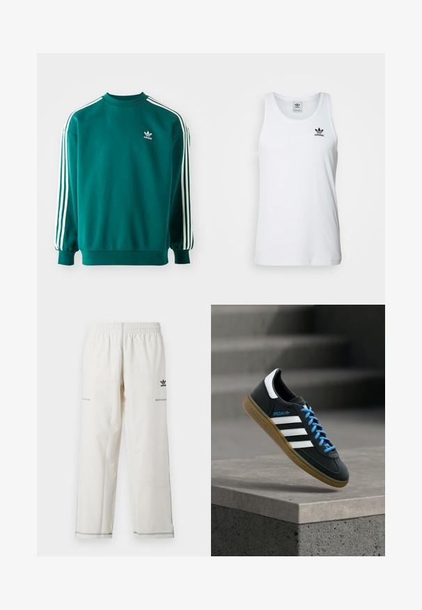 Teal mikina vyrobená z bavlneného zmesi, s dlhými rukávmi, manžetovými lemami a troma bielymi pruhmi na každom rukáve. Logo Adidas na hrudi.; Biely rebrovaný tielko s okrúhlym výstrihom, čiernym logom Adidas na ľavej hrudi a bez rukávov. Mäkko bavlnený materiál, voľný strih.; Biele športové nohavice s elastickým pásom, bočnými vreckami a čiernym logom adidas a detailmi zo stehov. Hladká, ľahká tkanina.; Čierna teniska Adidas s bielymi pruhmi, modrými šnúrkami a gumovou podrážkou, ktorá sa vznáša nad sivým betónovým schodom v mäkkom svetle.