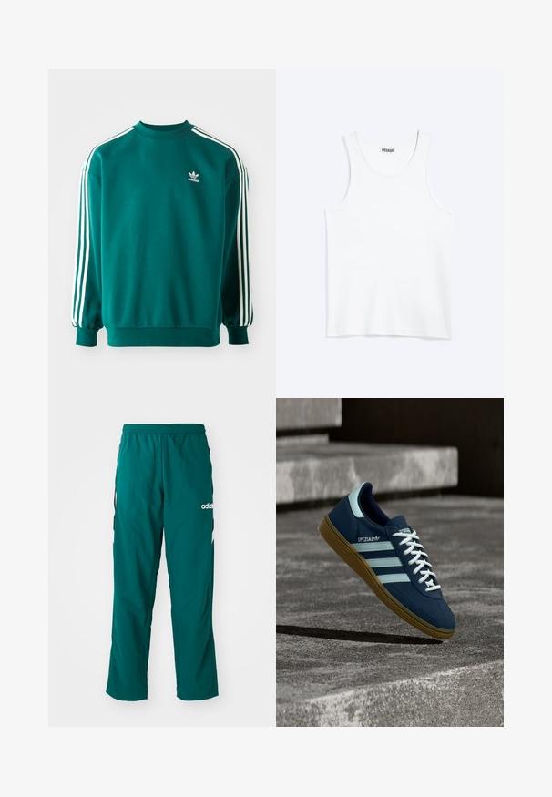 Teal sweatshirts lavet af bomuldsblanding, med lange ærmer, ribbede kanter og tre hvide striber ned ad hver ærme. Adidas-logo på brystet.; Hvid ærmeløs tanktop med rund halsudskæring og Weekday-mærke på den indvendige baghals, vist fladt på lys baggrund.; Grønne træningsbukser lavet af letvægtsstof, med elastisk talje, sidelommer og hvidt Adidas-logo på venstre side.; Blå Adidas Spezial sneaker med hvide striber og snørebånd, gummisål, svævende over en ru betongoverflade og trin i baggrunden.