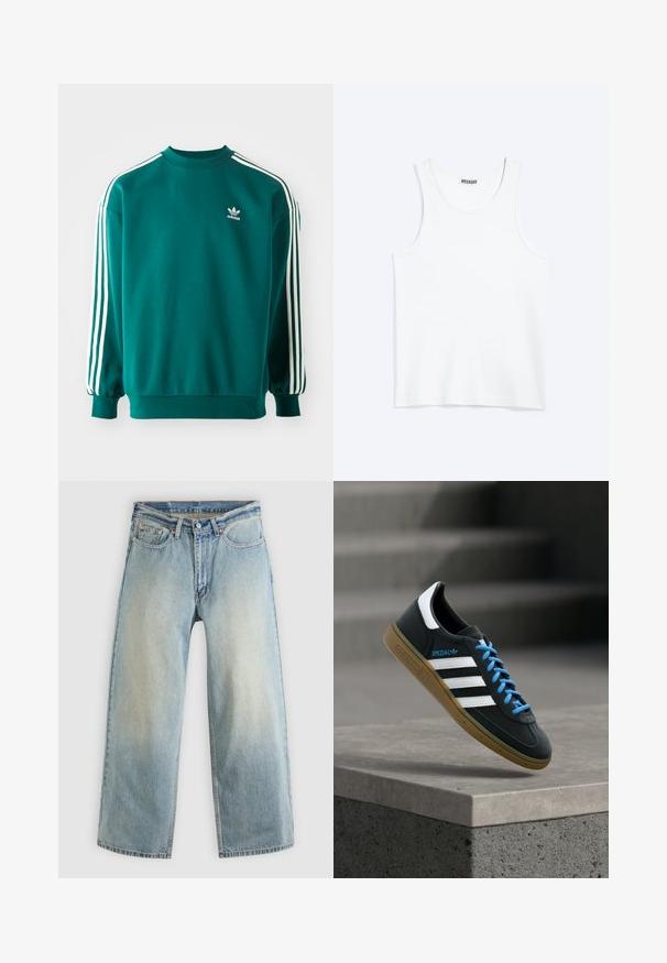 Sudadera verde azulado hecha de una mezcla de algodón, con mangas largas, dobladillos acampanados y tres rayas blancas en cada manga. Logo de Adidas en el pecho.; Camiseta sin mangas blanca con cuello redondo y etiqueta de la marca Weekday en el interior del cuello trasero, mostrada plana sobre un fondo claro.; Vaqueros de mezclilla de pierna ancha de color azul claro con un acabado desgastado. Presentan un diseño estándar de cinco bolsillos y cierre con botón metálico.; Zapatilla negra Adidas con franjas blancas, cordones azules y suela de goma flotando sobre un escalón de hormigón gris con luz suave.