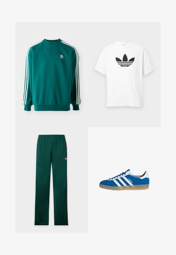 Türkisfarbener Sweatshirt aus Baumwollmischung, mit langen Ärmeln, umgeschlagenen Säumen und drei weißen Streifen entlang jedes Ärmels. Adidas-Logo auf der Brust.; Weißes Baumwoll-T-Shirt mit großem schwarzem Adidas Trefoil-Logo und drei horizontalen Streifen darunter. Kurze Ärmel, Rundhalsausschnitt.; Grüne Jogginghose mit pinken Seitenstreifen, elastischem Bund, Taschen und kleinem pinkem Adidas-Logo am linken Oberschenkel.; Blauer und weißer Adidas Gazelle Sneaker mit Gummisohle und drei weißen Streifen, aus der Seitenansicht auf weißem Hintergrund.