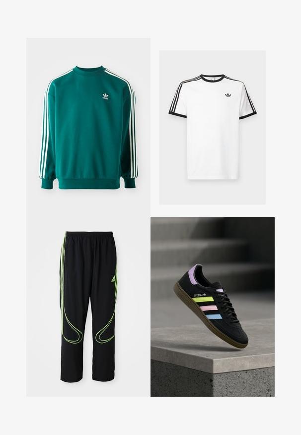 Teal mikina vyrobená z bavlneného zmesi, s dlhými rukávmi, manžetovými lemami a troma bielymi pruhmi na každom rukáve. Logo Adidas na hrudi.; Biela bavlnená tričko s čiernym žebrovaným výstrihom a rukávmi, s tromi čiernymi pruhmi na každom pleci a malým logom na hrudi.; Čierne atletické nohavice Adidas s neonovo zelenými zakrivenými líniami a tromi pruhmi po stranách, elastickým pásom a logom Adidas na prednom stehne.; Čierna teniska Adidas Spezial s pastelovo žltými, ružovými a modrými pruhmi, levanduľovým jazýčkom na päte a hnedou podrážkou, vznášajúca sa nad betónovou hranou.