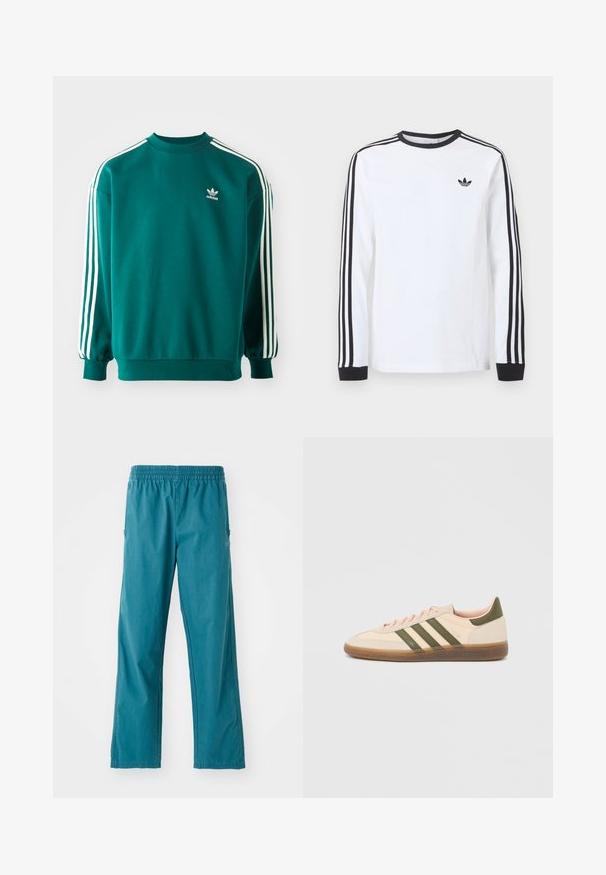 Teal mikina vyrobená z bavlneného zmesi, s dlhými rukávmi, manžetovými lemami a troma bielymi pruhmi na každom rukáve. Logo Adidas na hrudi.; Biele tričko Adidas s dlhým rukávom, čiernym okrúhlym výstrihom, čiernymi manžetami, tromi čiernymi pruhmi na rukávoch a čiernym logom trefoil na hrudi.; Tyrkysové nohavice z ľahkého materiálu, s elastickým pásom a rovný strih, vybavené bočnými vreckami.; Nízky béžový tenisky Adidas Spezial so zelenými pruhmi, gumovou podrážkou a nápisom „SPEZIAL“ na boku, zobrazené z vonkajšej strany.