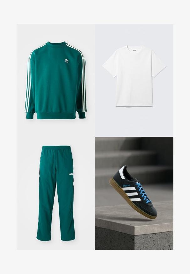 Türkisfarbener Sweatshirt aus Baumwollmischung, mit langen Ärmeln, umgeschlagenen Säumen und drei weißen Streifen entlang jedes Ärmels. Adidas-Logo auf der Brust.; Weißes T-Shirt mit kurzen Ärmeln und Rundhalsausschnitt, flach liegend, schlichtes Design, mit „WEEKDAY“-Etikett innen im Kragen auf hellem Hintergrund.; Grüne Sporthose aus leichtem Material, mit elastischem Bund, seitlichen Taschen und weißem Adidas-Logo auf der linken Seite.; Schwarzer Adidas-Sneaker mit weißen Streifen, blauen Schnürsenkeln und Gummisohle, der über einer grauen Betontreppe im weichen Licht schwebt.