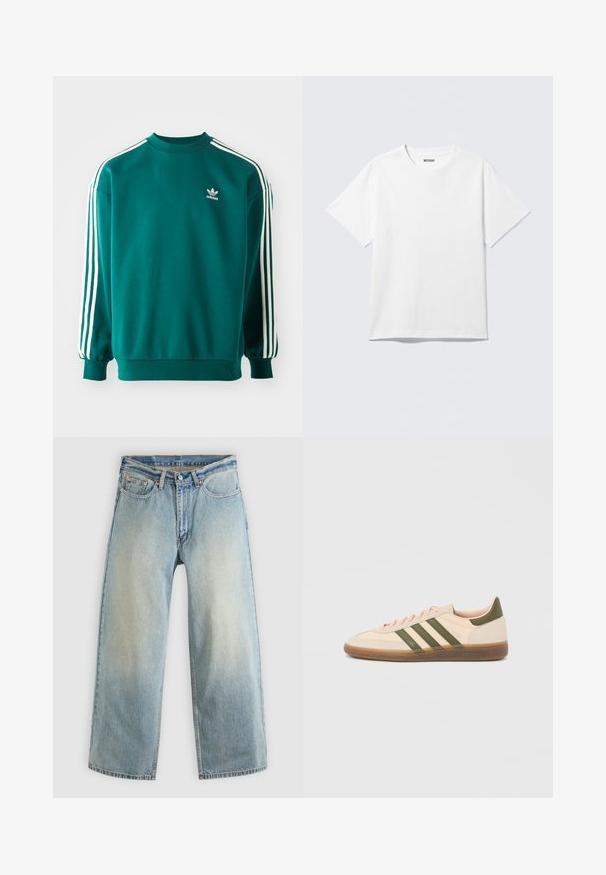 Türkisfarbener Sweatshirt aus Baumwollmischung, mit langen Ärmeln, umgeschlagenen Säumen und drei weißen Streifen entlang jedes Ärmels. Adidas-Logo auf der Brust.; Weißes T-Shirt mit kurzen Ärmeln und Rundhalsausschnitt, flach liegend, schlichtes Design, mit „WEEKDAY“-Etikett innen im Kragen auf hellem Hintergrund.; Hellblaue, weit geschnittene Jeans aus Denim mit verblasstem Finish. Verfügen über ein standardmäßiges Design mit fünf Taschen und Metallknopfverschluss.; Flacher, beigefarbener Adidas Spezial Sneaker mit grünen Streifen, Gummisohle und "SPEZIAL" Schriftzug an der Seite, von der Außenseite gezeigt.