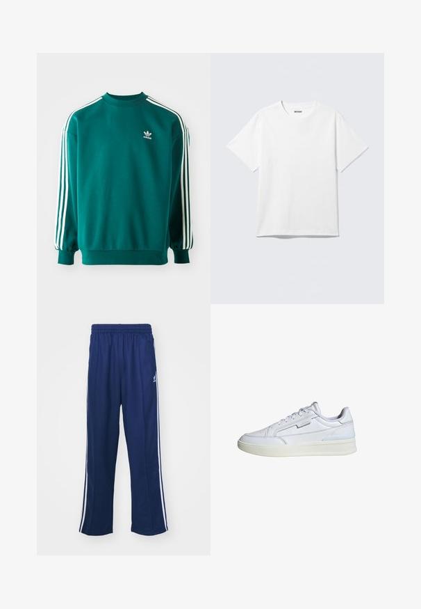 Teal mikina vyrobená z bavlneného zmesi, s dlhými rukávmi, manžetovými lemami a troma bielymi pruhmi na každom rukáve. Logo Adidas na hrudi.; Biely krátky rukáv tričko s okrúhlym výstrihom, na rovine, jednoduchý dizajn, so štítkom "WEEKDAY" vo vnútri goliera na svetlom pozadí.; Námornícke modré športové nohavice s voľným strihom, s bielymi bočnými pruhmi a elastickým pásom. Hladká tkanina, žiadne viditeľné vzory ani kovanie.; Biele kožené tenisky s hladkým povrchom a jemnými ševmi. Majú gumovú podrážku a minimalistický dizajn s sivými akcentmi.