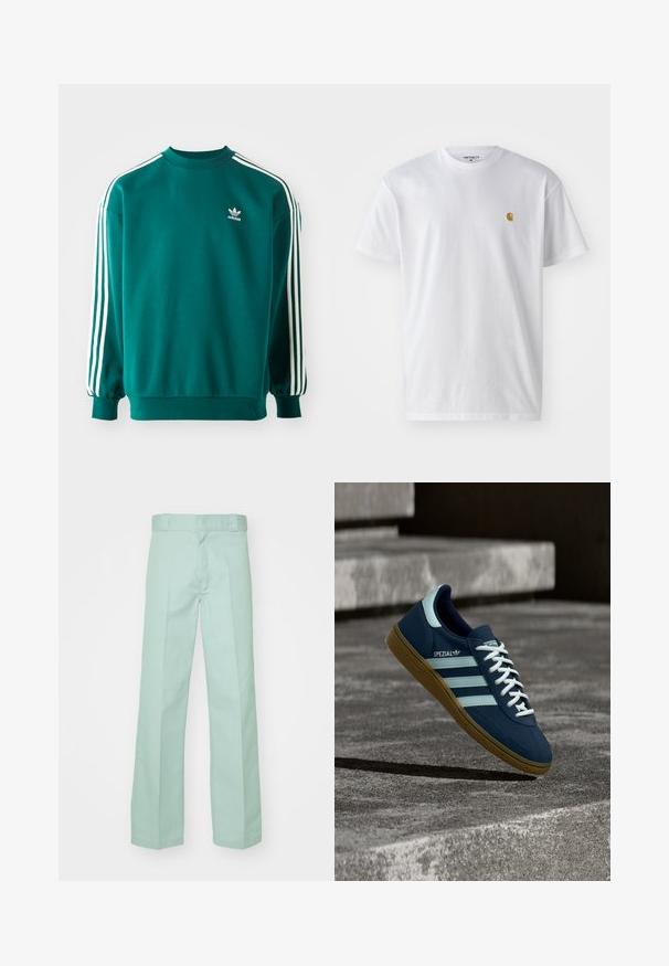 Teal mikina vyrobená z bavlneného zmesi, s dlhými rukávmi, manžetovými lemami a troma bielymi pruhmi na každom rukáve. Logo Adidas na hrudi.; Biele bavlnené tričko s krátkymi rukávmi, okrúhlym výstrihom, s malým zlatým logom na ľavej strane hrude. Mäkká textúra a normálny strih.; Svetlozelené nohavice vyrobené z bavlny so strihom rovného nohu, s hladkou textúrou a klasickým pásom s pútkami na opasok.; Modré tenisky Adidas Spezial s bielymi pruhmi a šnúrkami, gumovou podrážkou, plávajúce nad drsným betónovým povrchom a schodmi v pozadí.