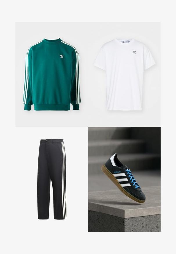 Sudadera verde azulado hecha de una mezcla de algodón, con mangas largas, dobladillos acampanados y tres rayas blancas en cada manga. Logo de Adidas en el pecho.; Camiseta blanca de algodón con mangas cortas, escote redondo y un logo negro de Adidas con tres franjas en la zona del lado izquierdo del pecho.; Pantalones negros con corte de pierna recta y tres rayas verticales blancas que recorren los costados exteriores de cada pierna.; Zapatilla negra Adidas con franjas blancas, cordones azules y suela de goma flotando sobre un escalón de hormigón gris con luz suave.