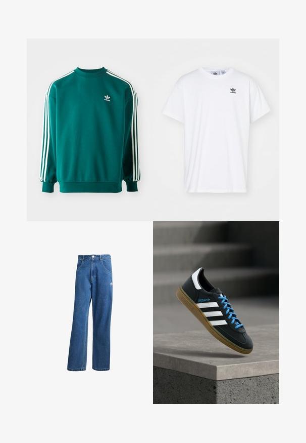 Sudadera verde azulado hecha de una mezcla de algodón, con mangas largas, dobladillos acampanados y tres rayas blancas en cada manga. Logo de Adidas en el pecho.; Camiseta blanca de algodón con mangas cortas, escote redondo y un logo negro de Adidas con tres franjas en la zona del lado izquierdo del pecho.; Vaqueros de mezclilla anchos de talle alto en azul, con bolsillos frontales, presillas para cinturón, cierre de botón y pequeño logo de Adidas en el muslo derecho.; Zapatilla negra Adidas con franjas blancas, cordones azules y suela de goma flotando sobre un escalón de hormigón gris con luz suave.