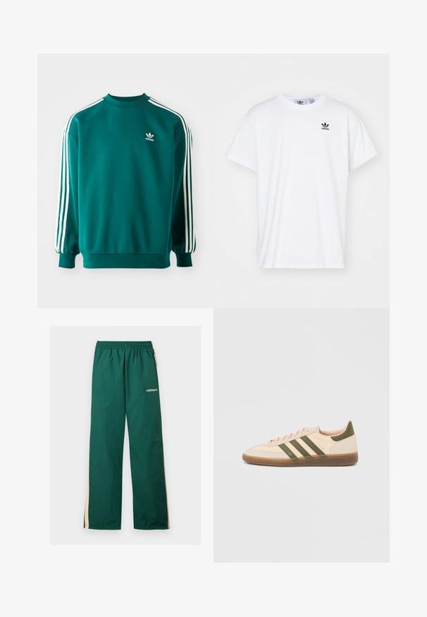 Sudadera verde azulado hecha de una mezcla de algodón, con mangas largas, dobladillos acampanados y tres rayas blancas en cada manga. Logo de Adidas en el pecho.; Camiseta blanca de algodón con mangas cortas, escote redondo y un logo negro de Adidas con tres franjas en la zona del lado izquierdo del pecho.; Pantalones de chándal verdes Adidas con rayas laterales beige, cintura elástica y logo blanco de Adidas en la parte superior de la pierna izquierda.; Zapatilla Adidas Spezial beige de perfil bajo con rayas verdes, suela de goma y la marca "SPEZIAL" en el lateral, vista desde el lado exterior.