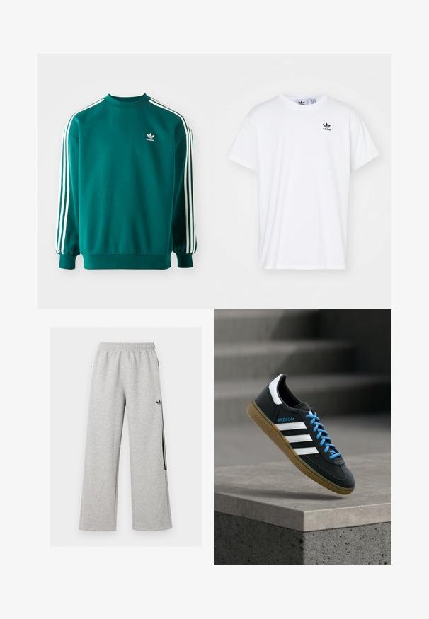 Teal sweatshirti, joka on valmistettu puuvillasekoitteesta, jossa on pitkät hihat, cuffatut reunat ja kolme valkoista raitaa jokaisessa hihassa. Adidas-logo rinnassa.; Valkoinen puuvillapaita, jossa on lyhyet hihat, pyöreä pääntie ja musta Adidas-logo, jossa on kolme raitaa vasemmassa rinnassa.; Vaaleanharmaat leveälahkeiset collegehousut joustavalla vyötäröllä ja mustalla Adidas trefoil-logolla oikeassa reisissä.; Musta Adidas-tennari valkoisilla raidoilla, sinisillä nauhoilla ja kumipohjalla kelluu pehmeässä valossa harmaan betonisen portaan yllä.