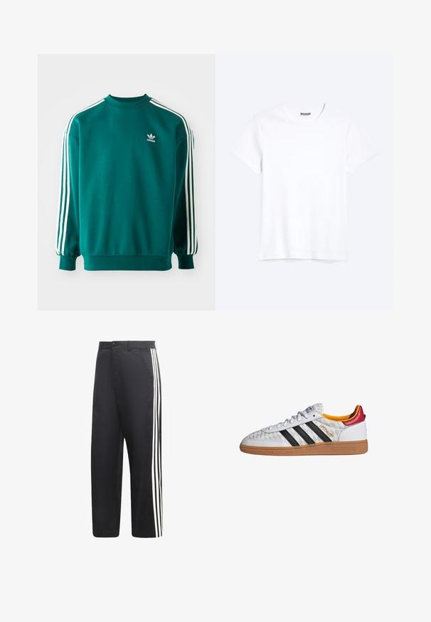 Türkisfarbener Sweatshirt aus Baumwollmischung, mit langen Ärmeln, umgeschlagenen Säumen und drei weißen Streifen entlang jedes Ärmels. Adidas-Logo auf der Brust.; Schlichtes weißes T-Shirt mit kurzen Ärmeln und Rundhalsausschnitt mit gut sichtbarem WEEKDAY-Label am Kragen, dargestellt auf hellem Hintergrund.; Schwarze Hosen mit geradem Bein und drei weißen vertikalen Streifen an der Außenseite jedes Beins.; Weißer Adidas Spezial Sneaker mit schwarzen Streifen, Gummisohle, gestepptem Muster, rotem Fersenlaschen und gelber Innenausstattung, Seitenansicht.