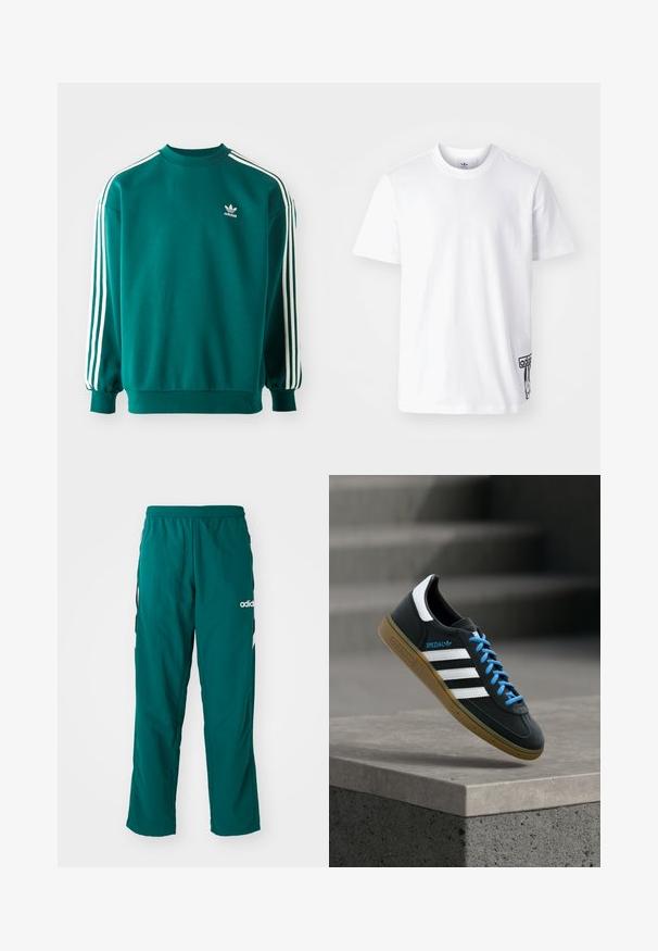 Türkisfarbener Sweatshirt aus Baumwollmischung, mit langen Ärmeln, umgeschlagenen Säumen und drei weißen Streifen entlang jedes Ärmels. Adidas-Logo auf der Brust.; Weißes Baumwoll-T-Shirt mit kurzen Ärmeln, Rundhalsausschnitt und einem schwarzen Adidas-Logo-Patch auf der unteren linken Seite. Glatte Textur.; Grüne Sporthose aus leichtem Material, mit elastischem Bund, seitlichen Taschen und weißem Adidas-Logo auf der linken Seite.; Schwarzer Adidas-Sneaker mit weißen Streifen, blauen Schnürsenkeln und Gummisohle, der über einer grauen Betontreppe im weichen Licht schwebt.