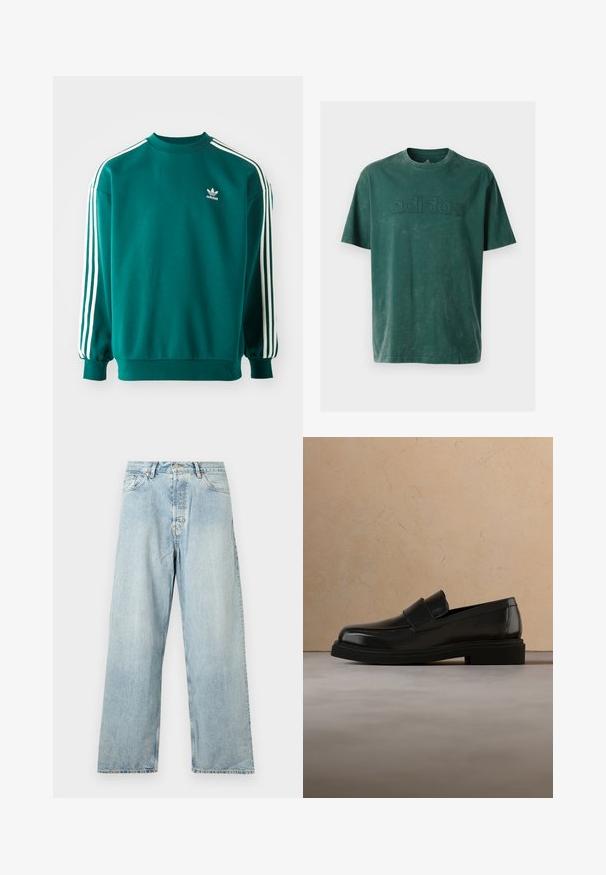 Teal mikina vyrobená z bavlneného zmesi, s dlhými rukávmi, manžetovými lemami a troma bielymi pruhmi na každom rukáve. Logo Adidas na hrudi.; Tmavohnedé bavlnené tričko s okrúhlym výstrihom, krátkymi rukávmi a embosovaným logom "adidas" na hrudi v rovnakom prevedení.; Svetlomodré rifle s vysokým pásom a rovným strihom nohavice, s predným zapínaním na gombík, zipsom a dizajnom s piatimi vreckami, zobrazené na bielom pozadí.; Čierny kožený mokasín vznášajúci sa nad béžovým texturovaným kobercom, na pozadí okrúhly drevený konferenčný stolík a knihy.